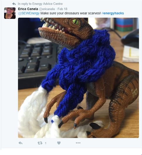 Dinosaur wearing scarve energy hacks tweet